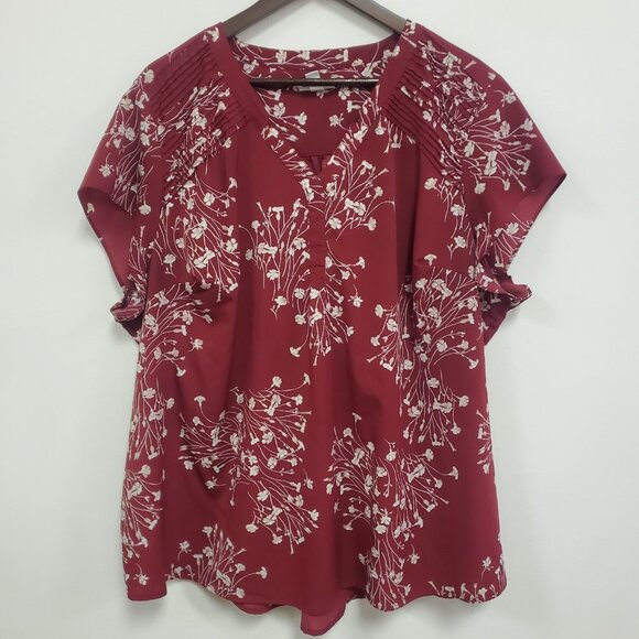 Croft Barrow Womens Artsy Boho Floral Top Size 3X Red Office Career Flowy V Neck - Picture 1 of 10